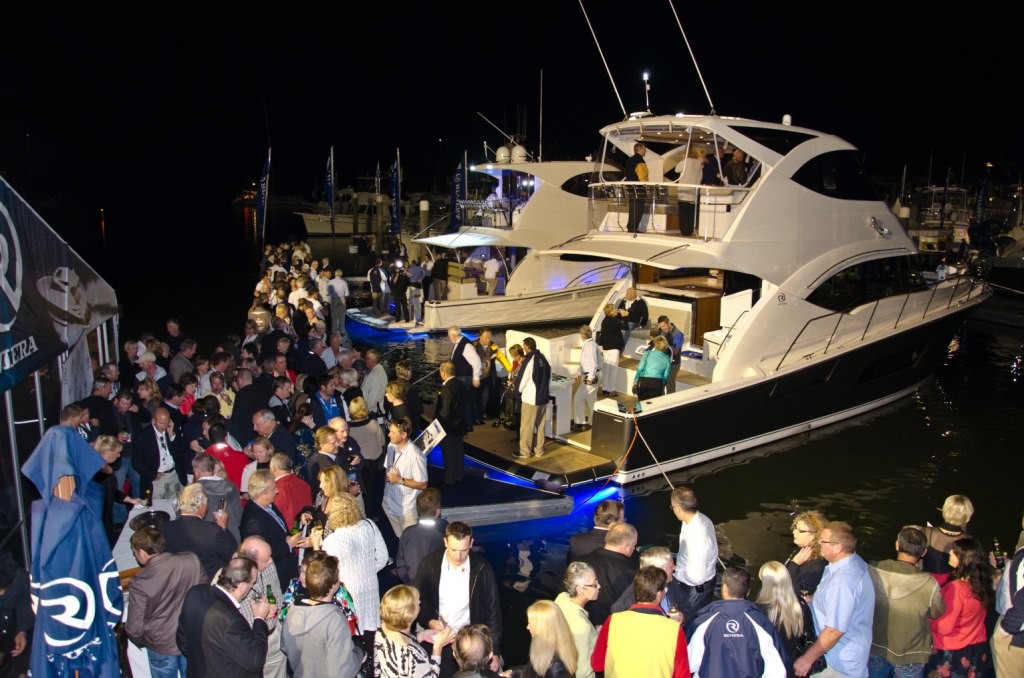 Some 450 VIP guests celebrated the world release of the new 53 Enclosed Flybridge and 61 Series II at the Riviera launch party © Stephen Milne